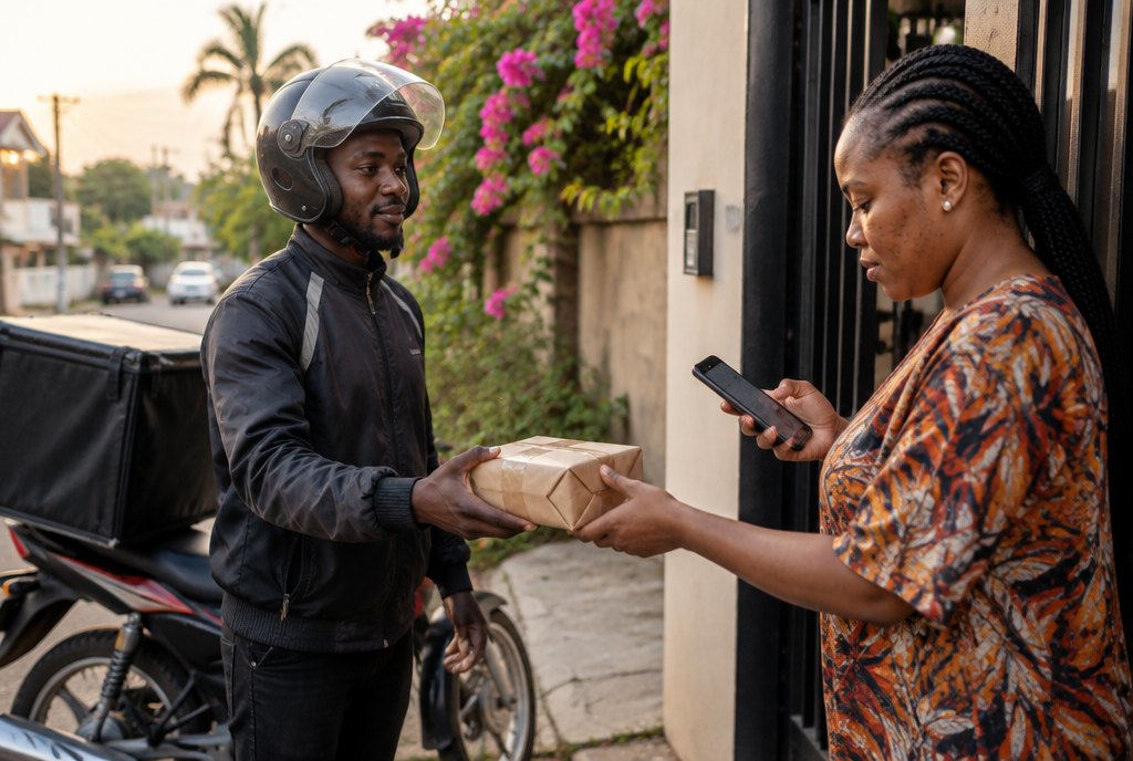 A delivery rider handing a parcel to a customer at her gate while she pays on her phone