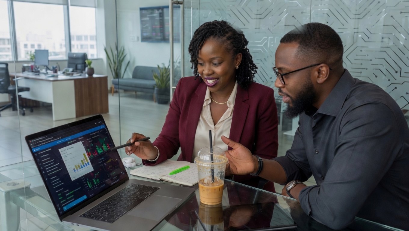 Two finance professionals reviewing dashboards on a laptop in a modern fintech office