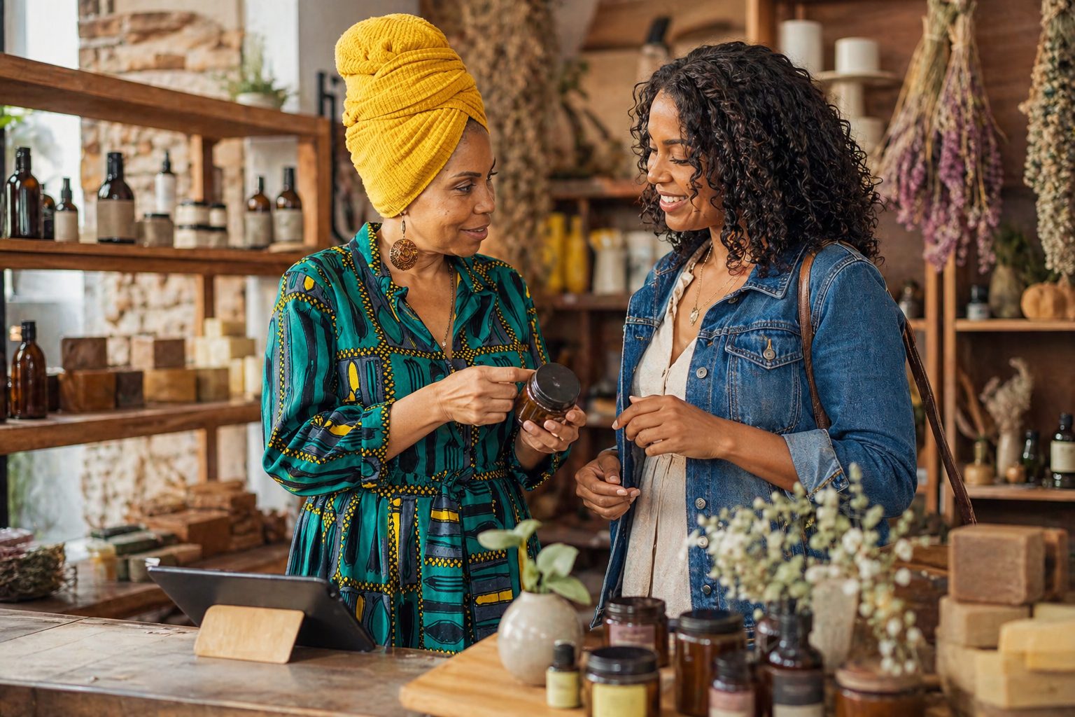 A pharmacist standing behind the counter of a modern pharmacy, beside a card terminal