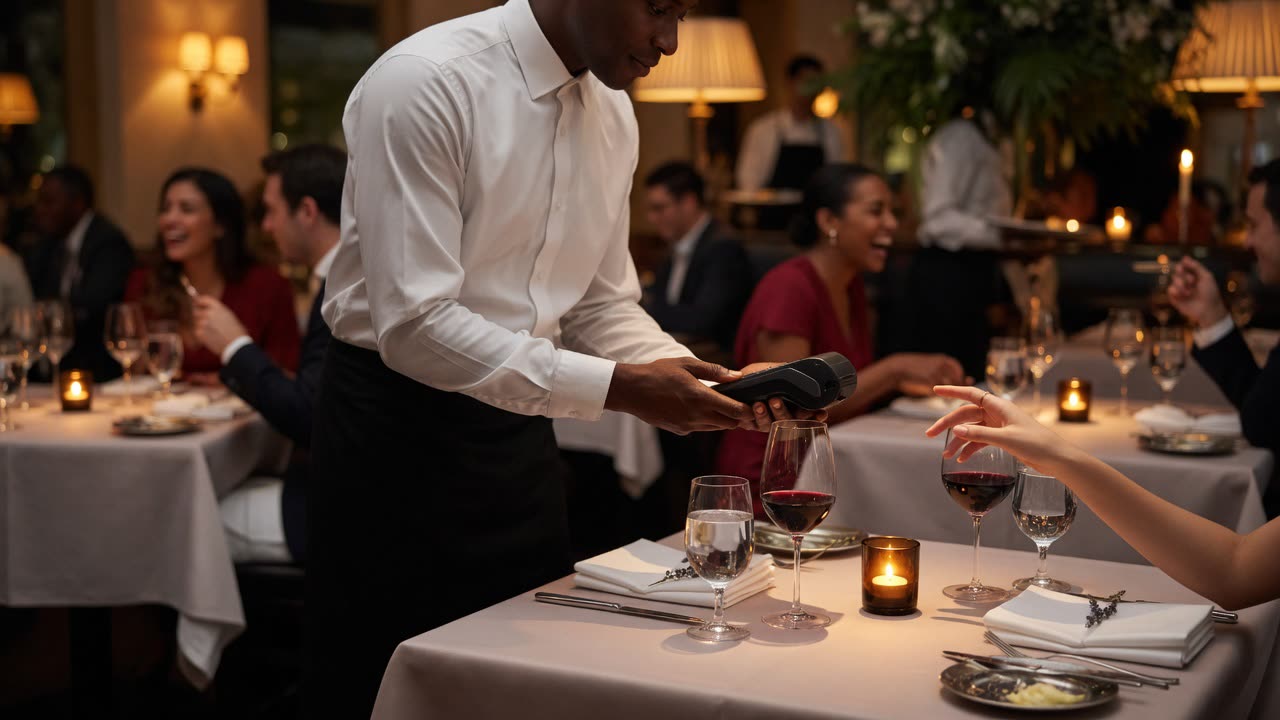 A waiter in a fine-dining restaurant holding a sleek handheld tap-to-pay terminal at a candlelit table