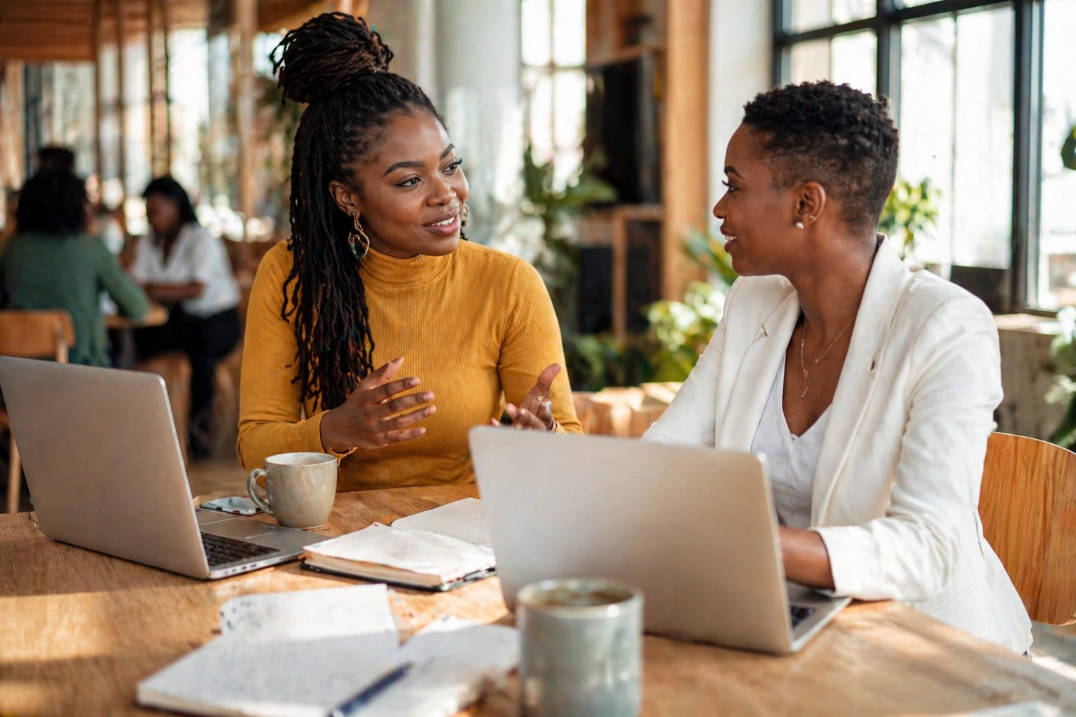 Two professionals collaborating in a bright modern workspace