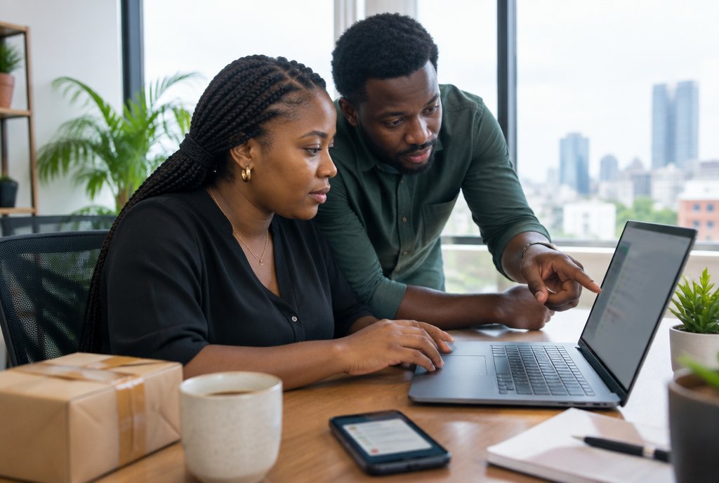 Two colleagues at a desk reviewing online orders and payments on a laptop