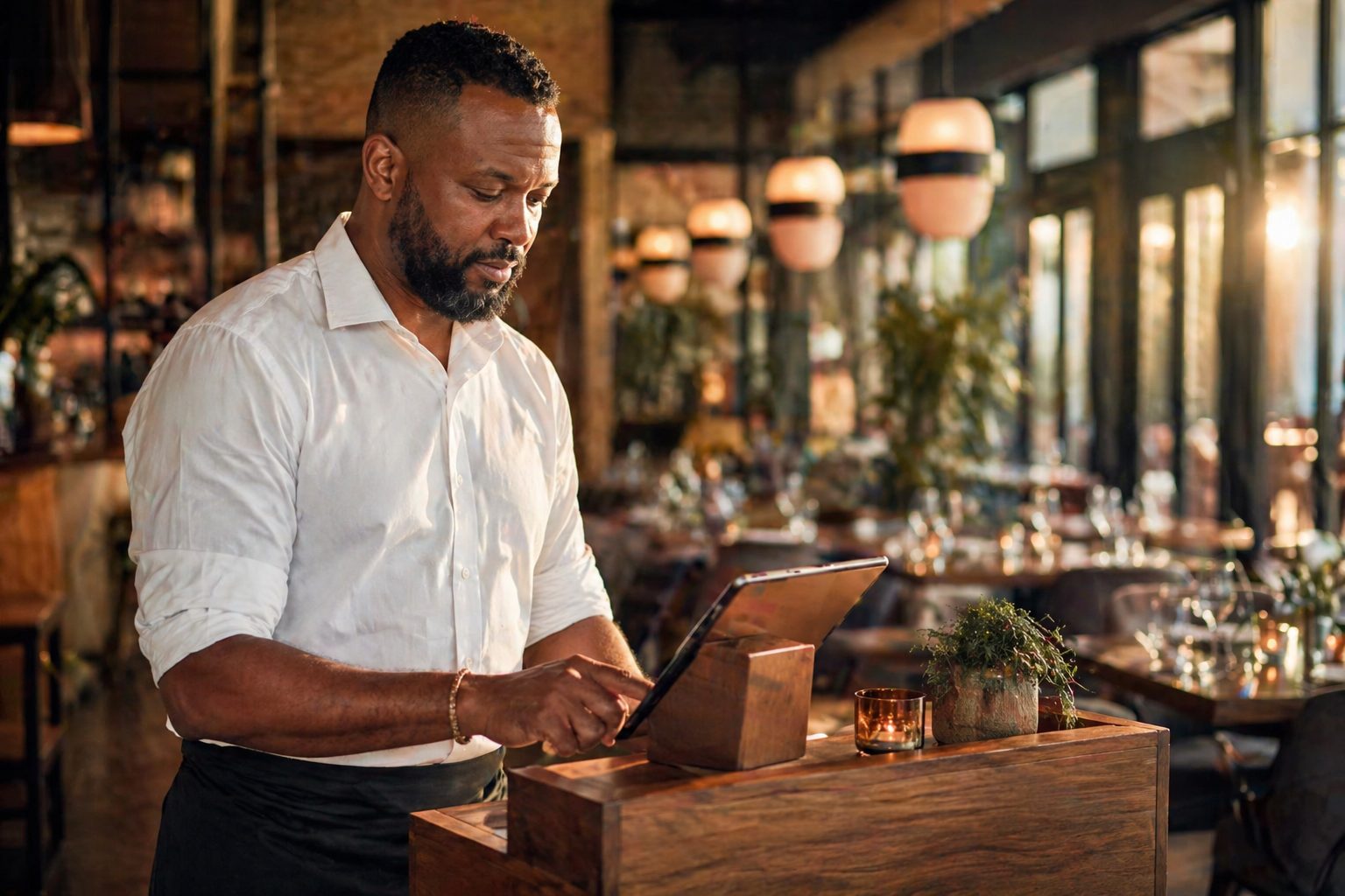 A restaurant manager taking an order on a tablet POS at the host stand, POS Pulse in production