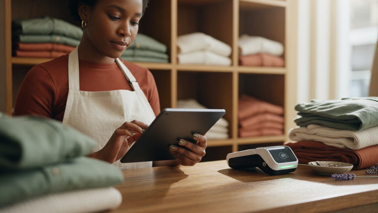 A boutique owner reviewing stock on a tablet beside a contactless card terminal