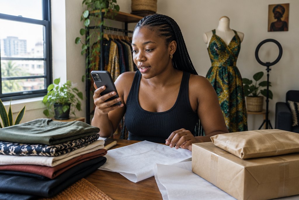 A seller at her table of packed orders replying to customers on her phone