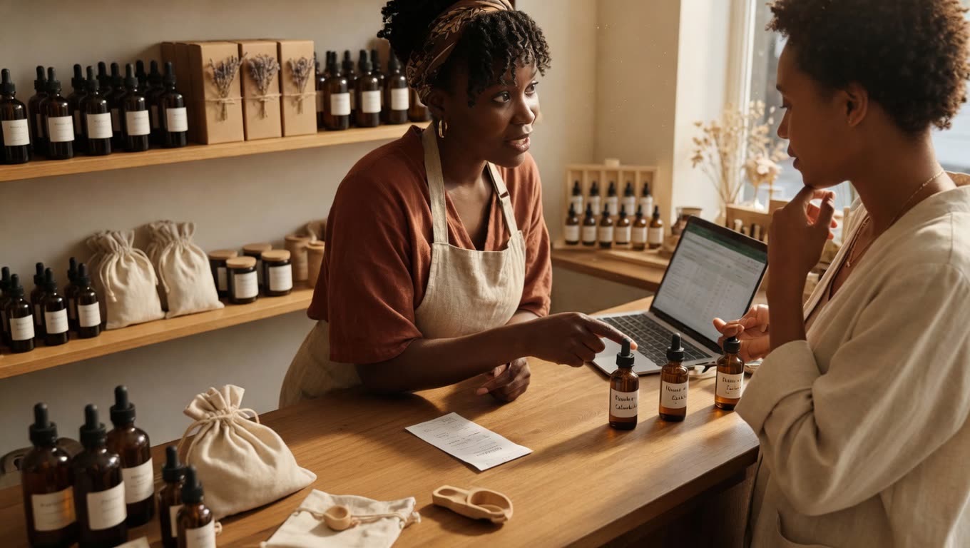 A shop owner showing skincare products to a customer at the counter