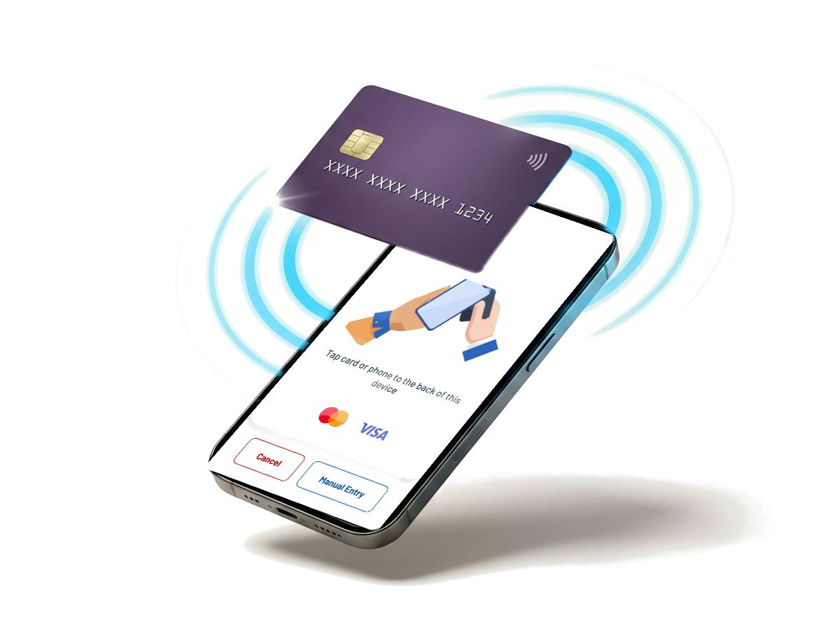 A contactless card tapping a phone running Prophius tap-to-pay, with NFC ripples radiating from the point of contact.