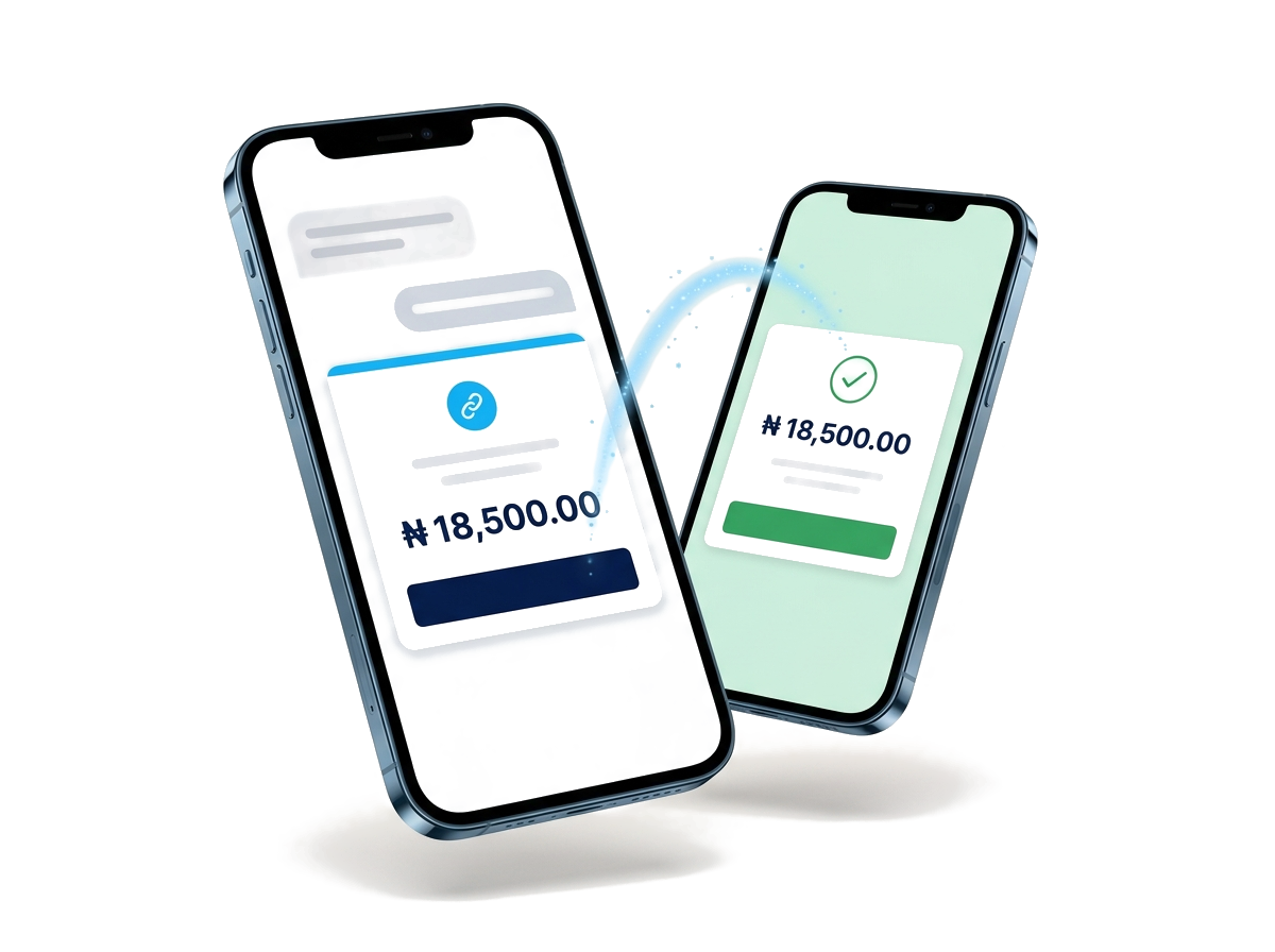 A phone showing a Prophius PayLink for ₦18,500 received in a chat, and a second phone behind it confirming the payment succeeded.