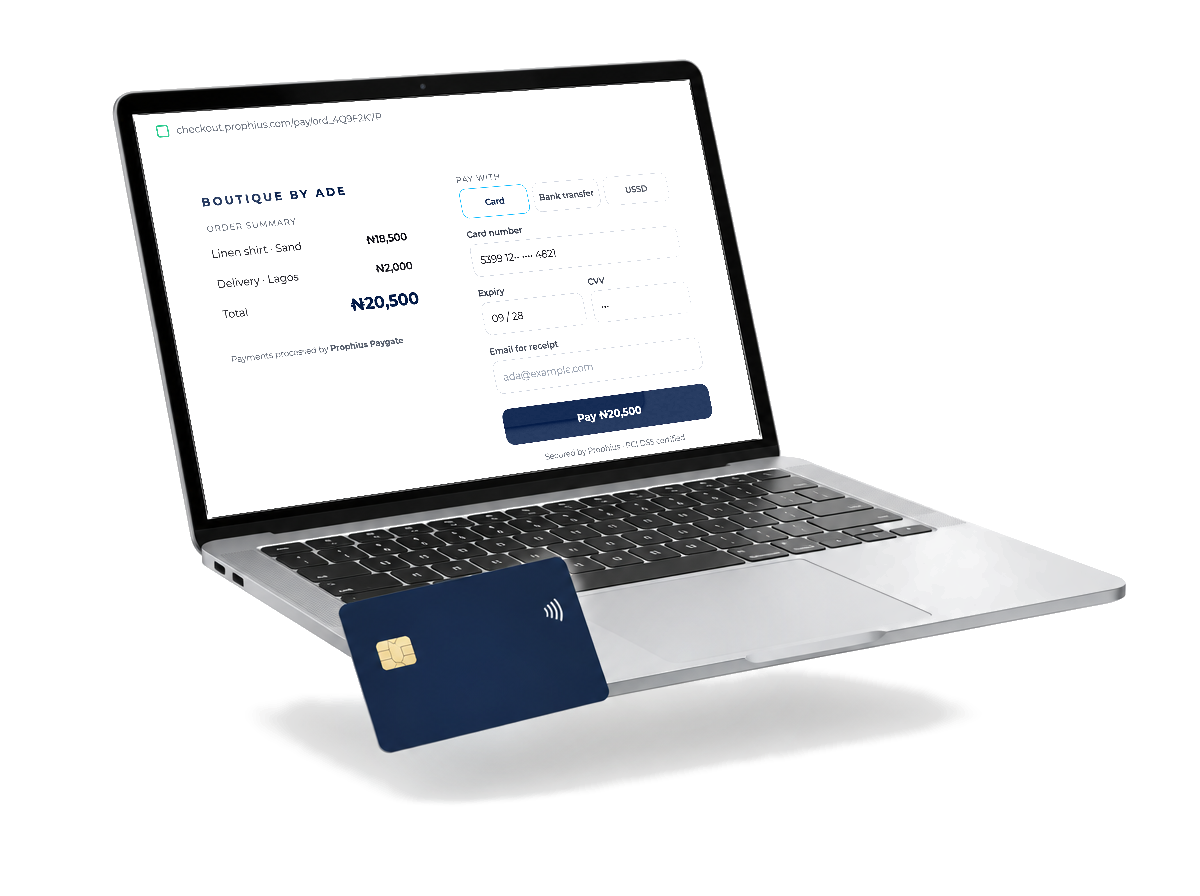 A laptop showing a Prophius Paygate checkout page for a ₦20,500 order, with a contactless card resting against it.
