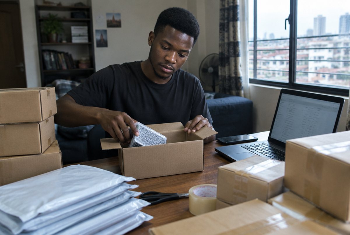 An online seller packing a customer order at a table stacked with parcels