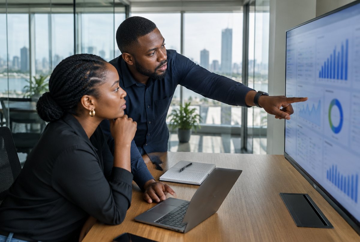 Two fintech professionals reviewing a payments dashboard on a large screen