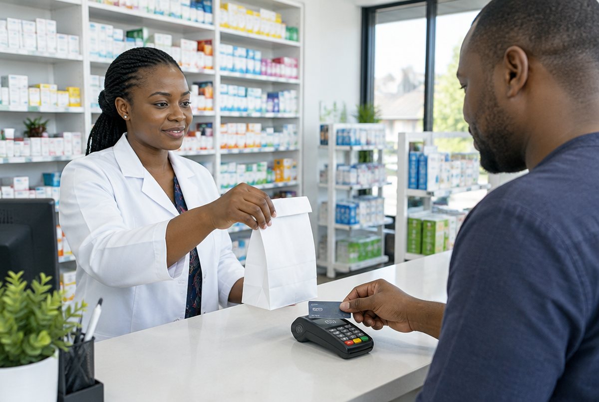 A pharmacist handing over medicine while the customer taps his card at the counter