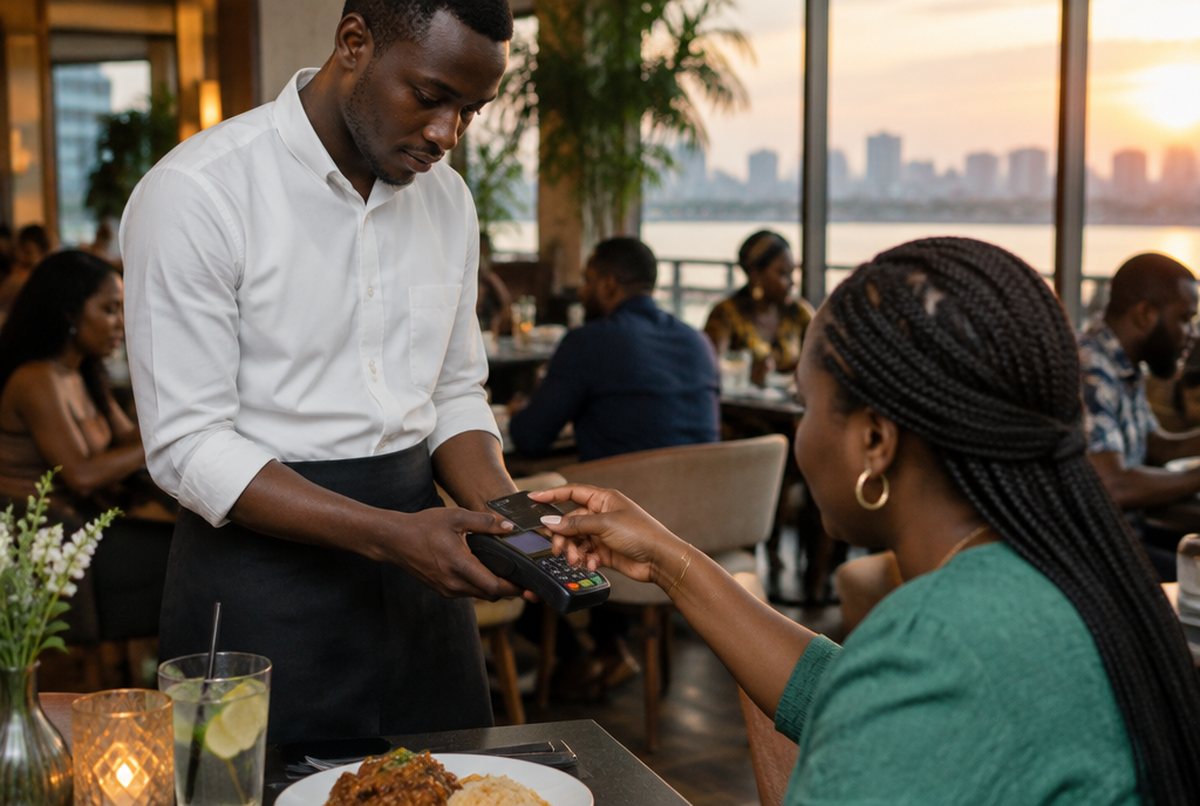 A waiter holding a handheld terminal at the table while a guest taps her card