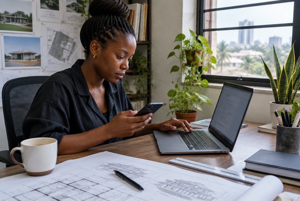 A consultant at her desk sending an invoice from her laptop and checking a payment on her phone