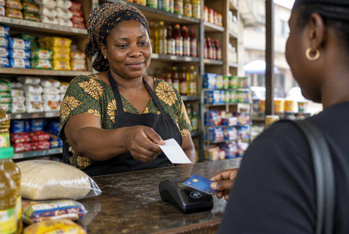 A shopkeeper handing a receipt to a customer who has just tapped her card at the counter